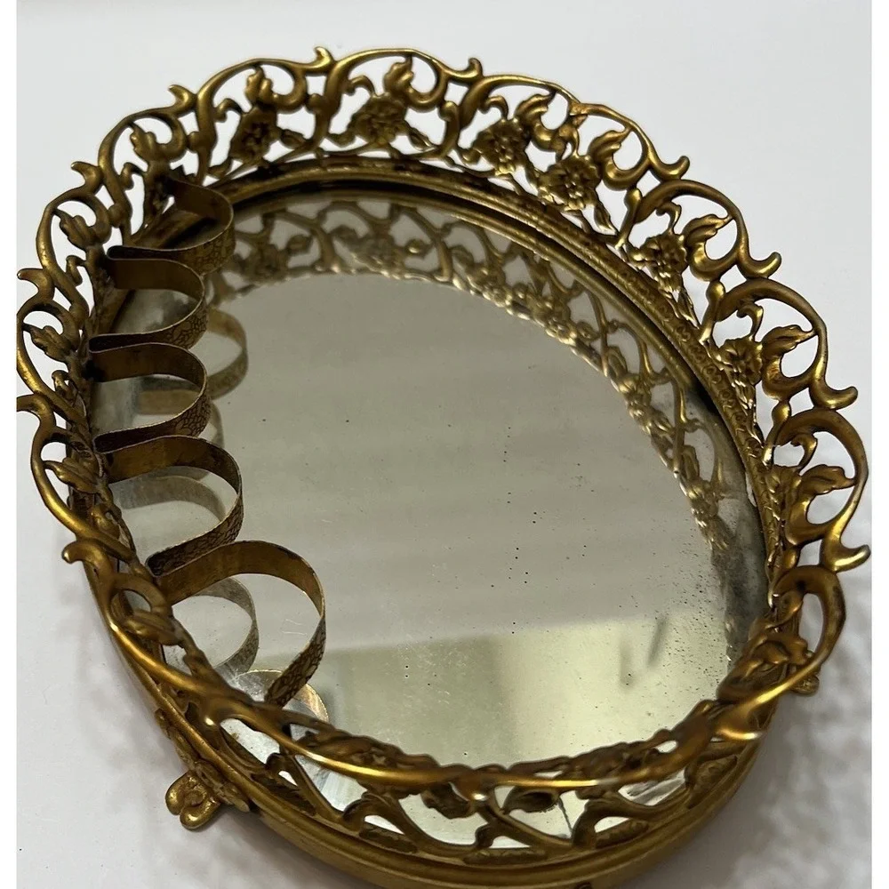 Vintage Gold-Tone Filigree Oval Mirrored Vanity Tray W/ Lipstick Holders Footed